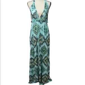 Tera Fashion Boho-Inspired Halter Maxi Dress Aztec Light Blue & Green Size M